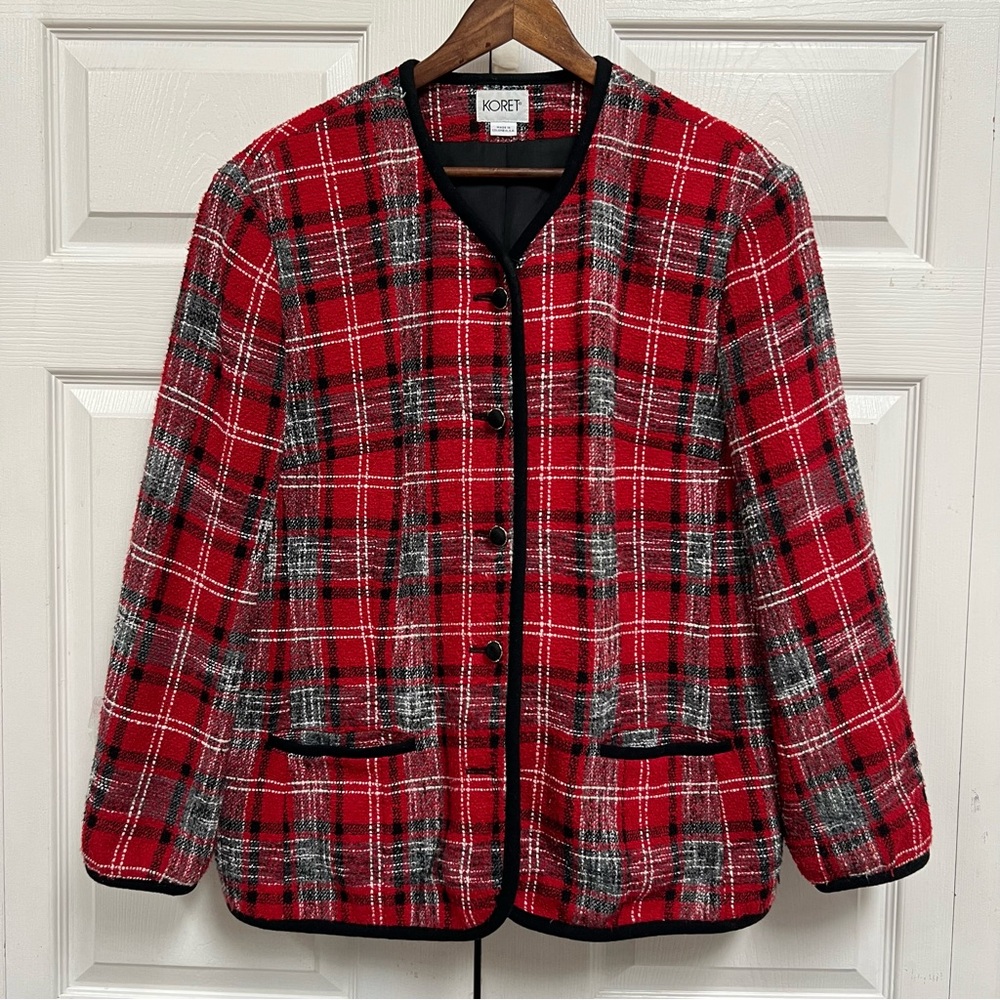 Red Plaid Tweed Jacket Women’s Plus Size 18W Buttons Holidays Blazer